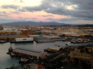 looking down on Honolulu Harbor just before 7 a.m.